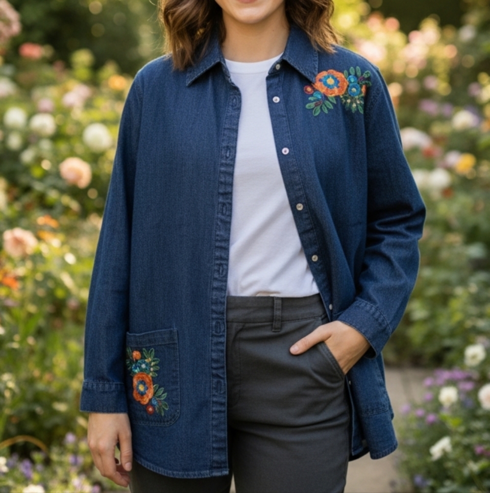 Vintage Blaire XL Womens Floral Embroidered Denim Pear Snap Button Jacket 90's